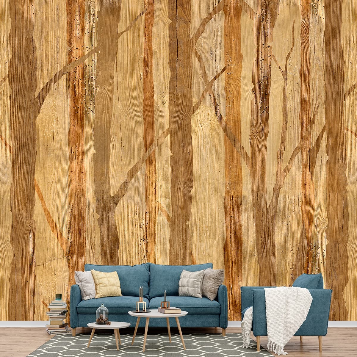 Tree Design Wood Texture Wallpaper shown in a room