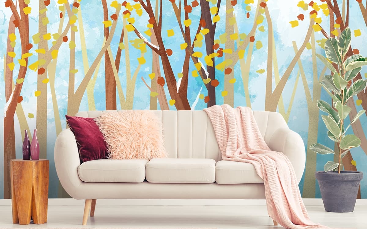 Nature Trees with Golden Yellow Leaves wallpaper shown in a room