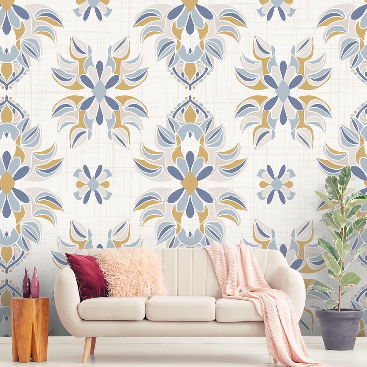 Lively Blue and Yellow Flowers Pattern Mural Wallpaper shown in a room