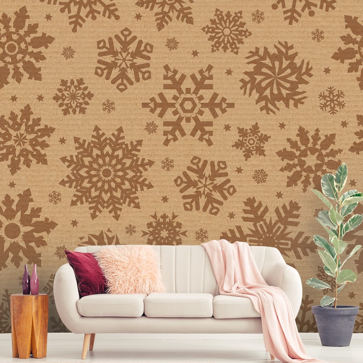 A brown snowflakes on a brown background shown in a room