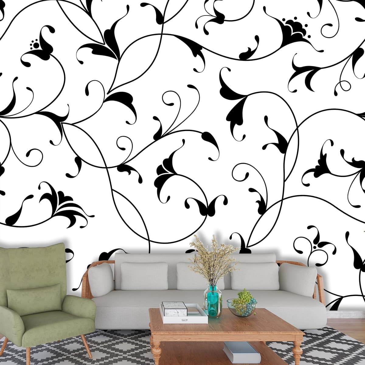 Black and White Geometric Pattern Modern Wallpaper shown in a room