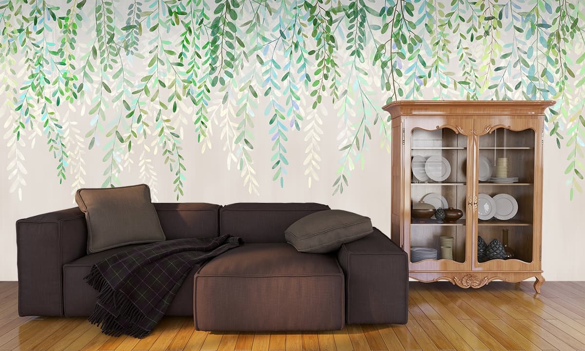 Modern Pastel Green Vine Art for Home Wallpaper shown in a room