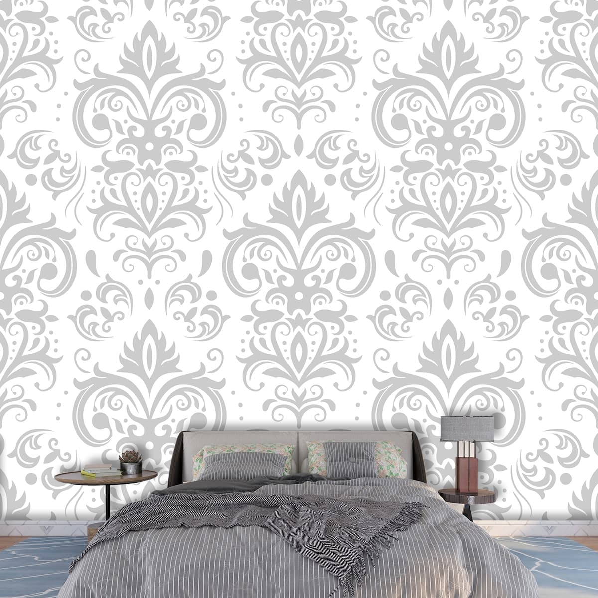Royal White & Grey Vintage Pattern Wallpaper shown in a room