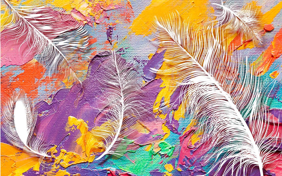 White Feathers on Colorful Abstract Art Wallpaper pattern detail