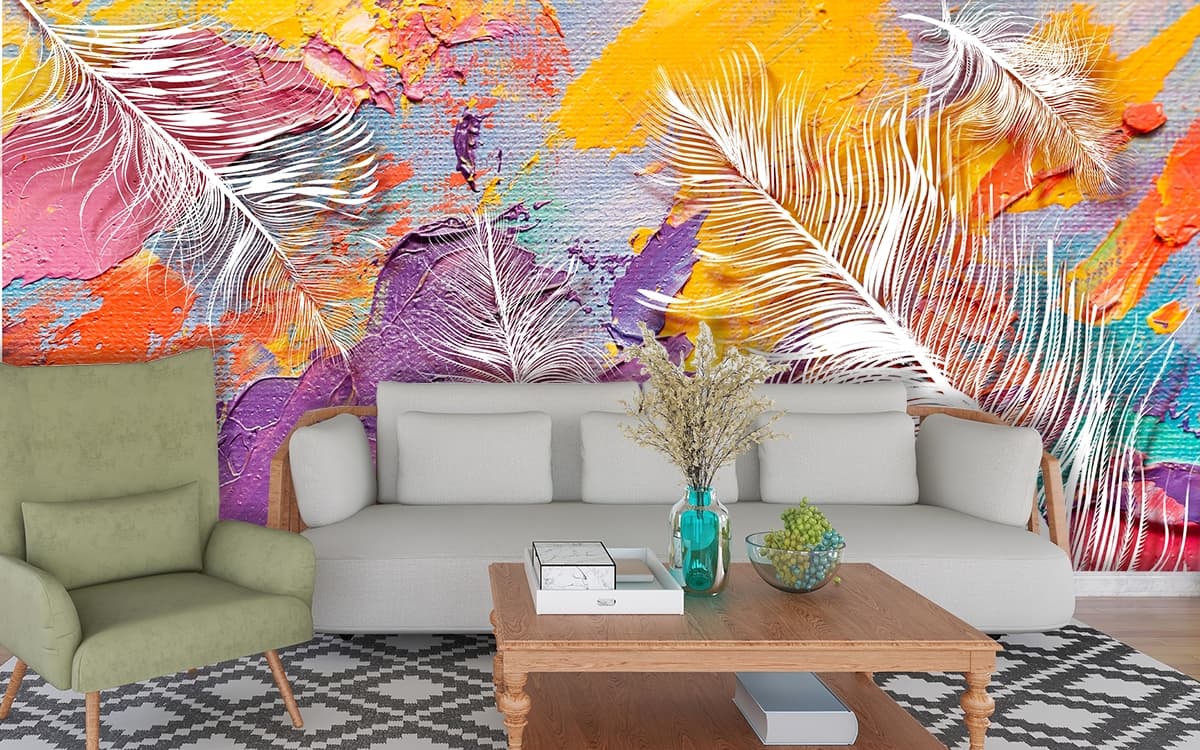 White Feathers on Colorful Abstract Art Wallpaper shown in a room