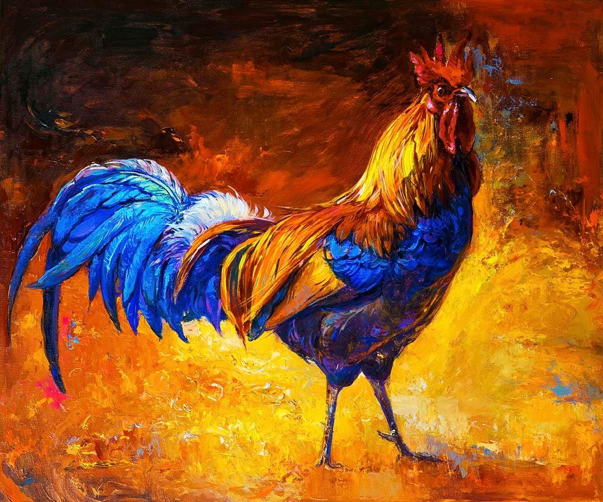 Elegant Rooster Painting with Farm Scene Wallpaper pattern detail