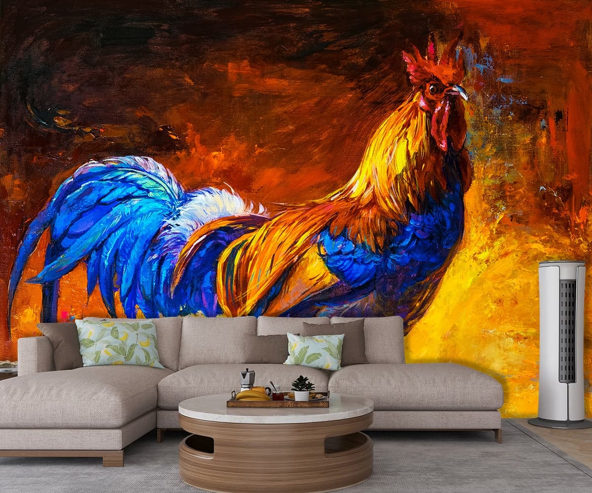 Elegant Rooster Painting with Farm Scene Wallpaper shown in a room
