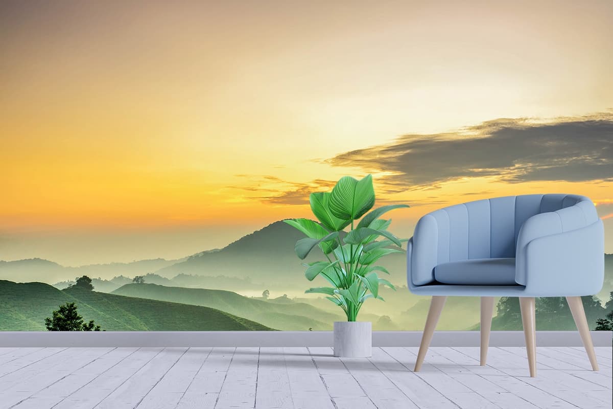 Mountain Wallpaper, Foggy landscape with hills and trees shown in a room