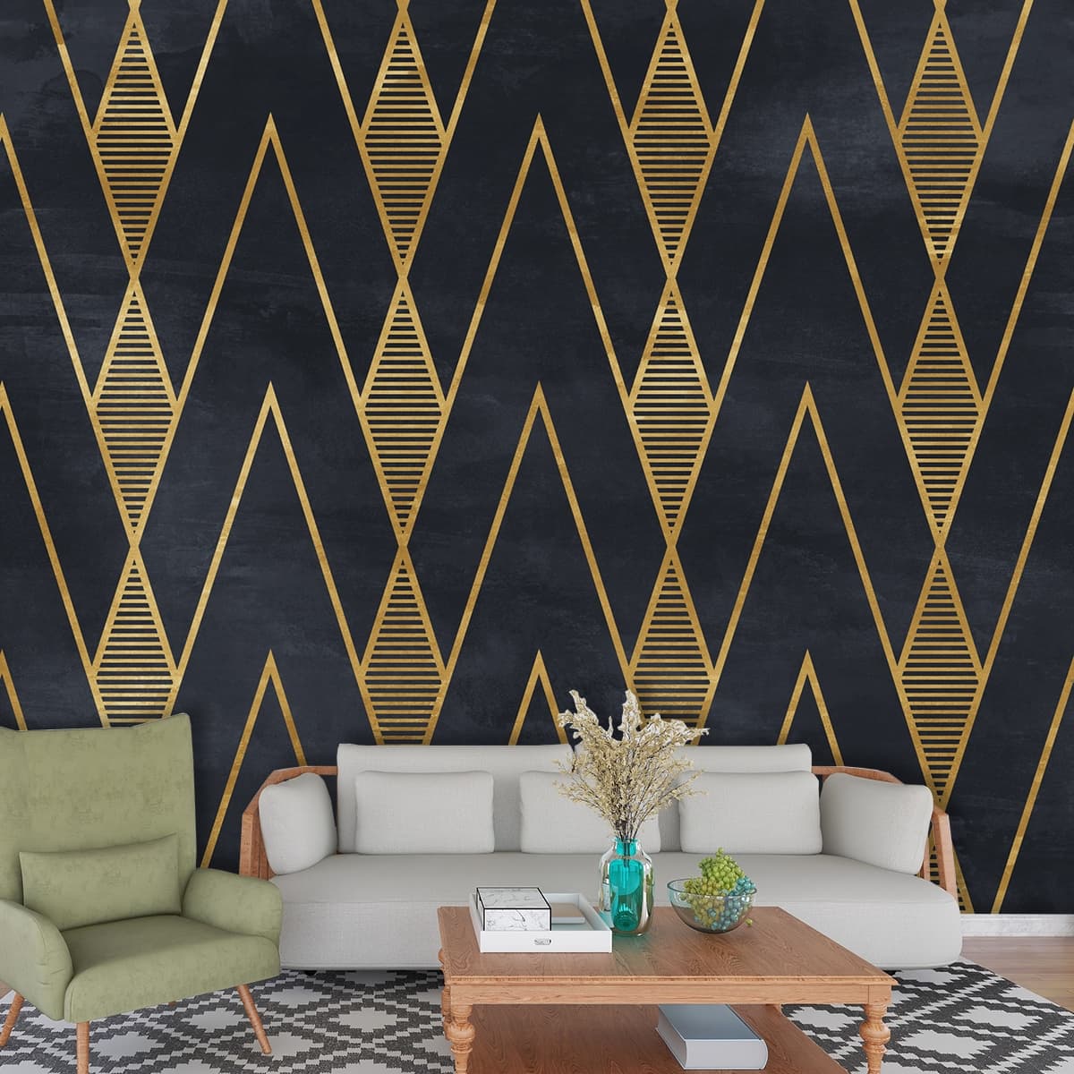 Pattern of Triangles and Lines Wallpaper shown in a room