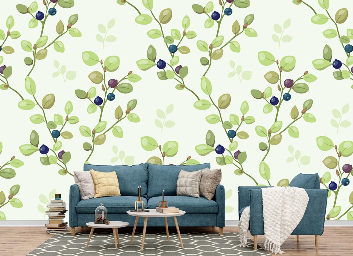 A pattern of blueberries and leaves shown in a room