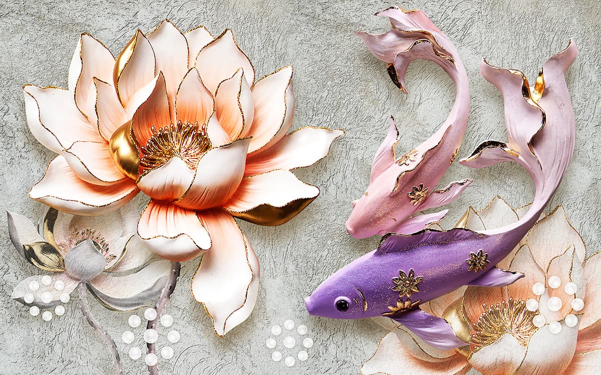 Luxe Pink Flower and Abstract Fish Gold Design Wallpaper pattern detail