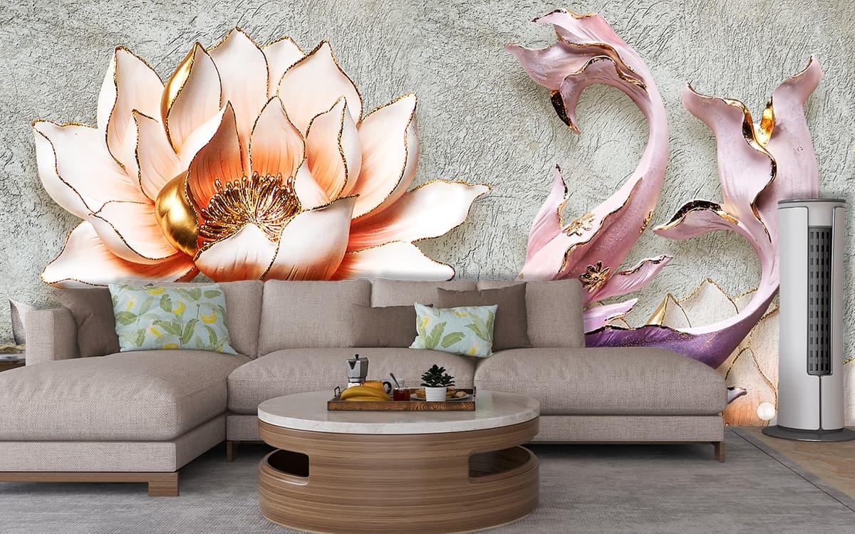 Luxe Pink Flower and Abstract Fish Gold Design Wallpaper shown in a room