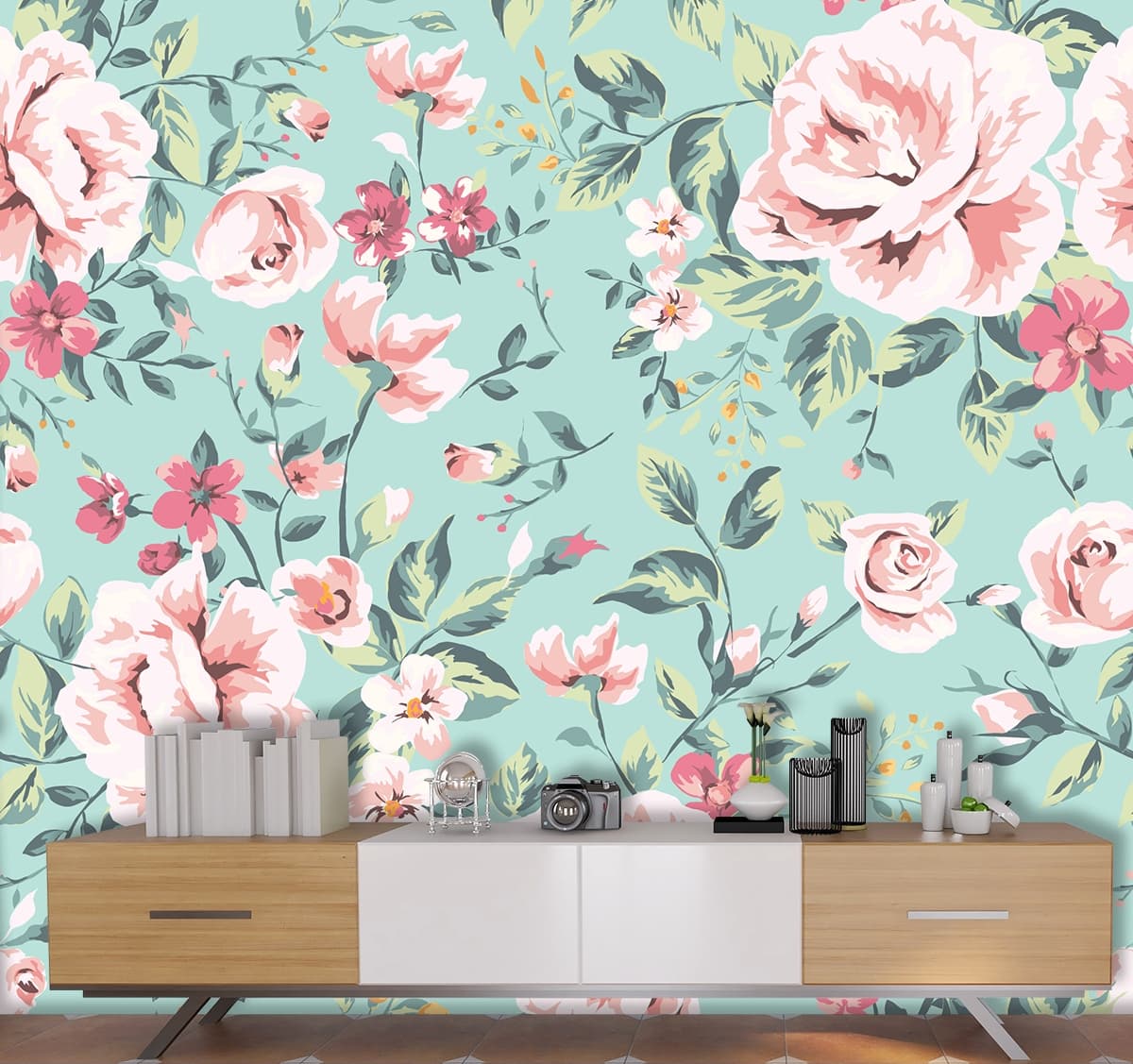 Pink Flowers Patterned Wallpaper for Home shown in a room