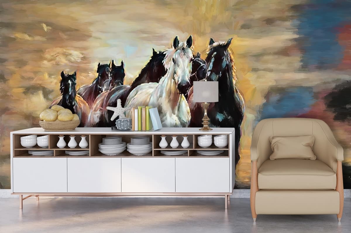 Running Horses Painting Wallpaper for Walls shown in a room