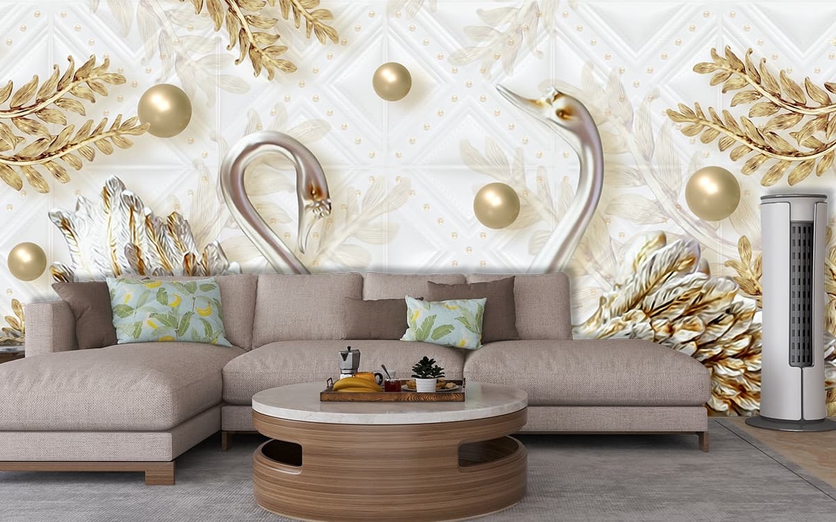 A pair of swans in water shown in a room