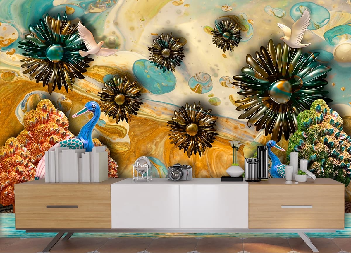 Vibrant Nature Scene with Birds and Flowers wallpaper shown in a room