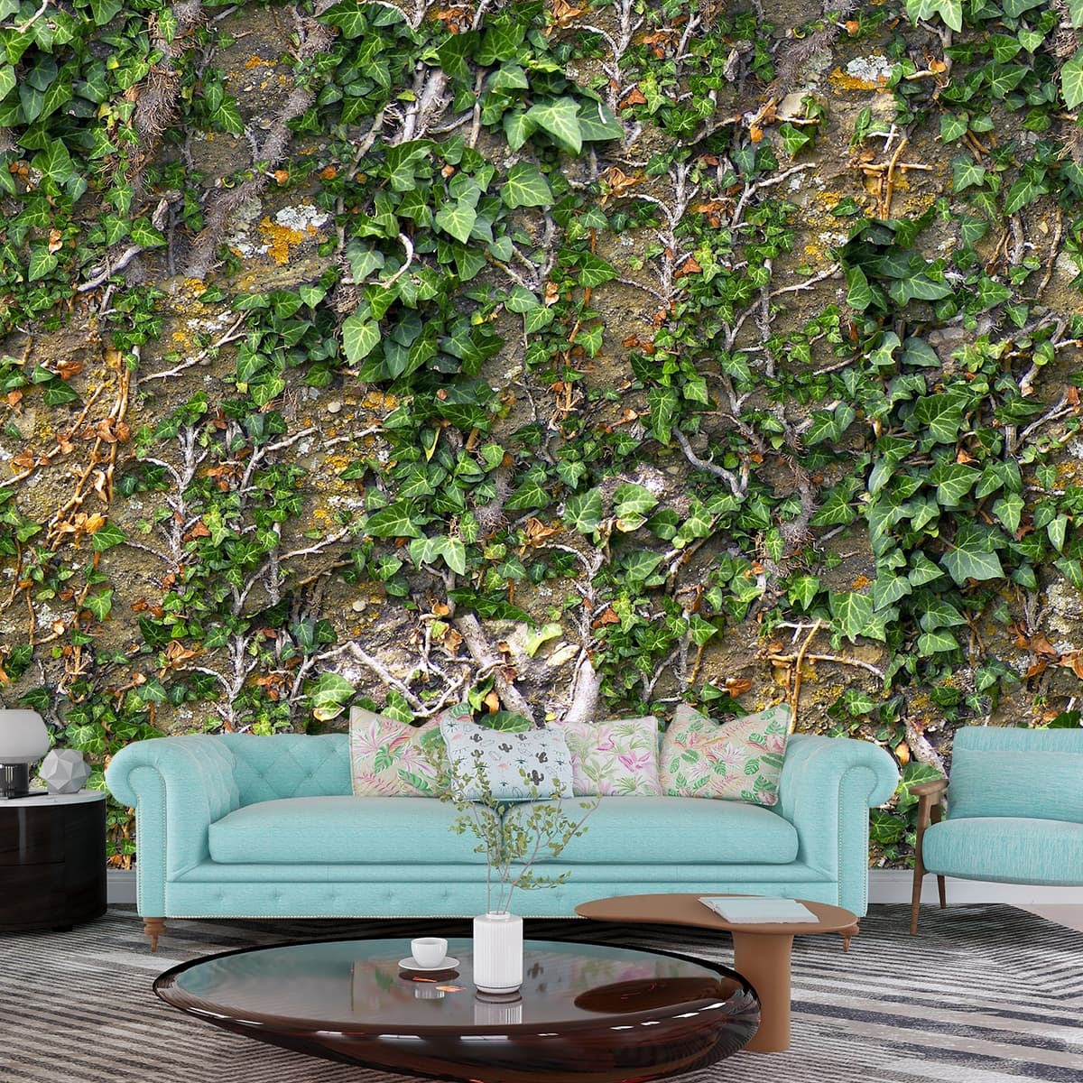 A wall covered with ivy shown in a room
