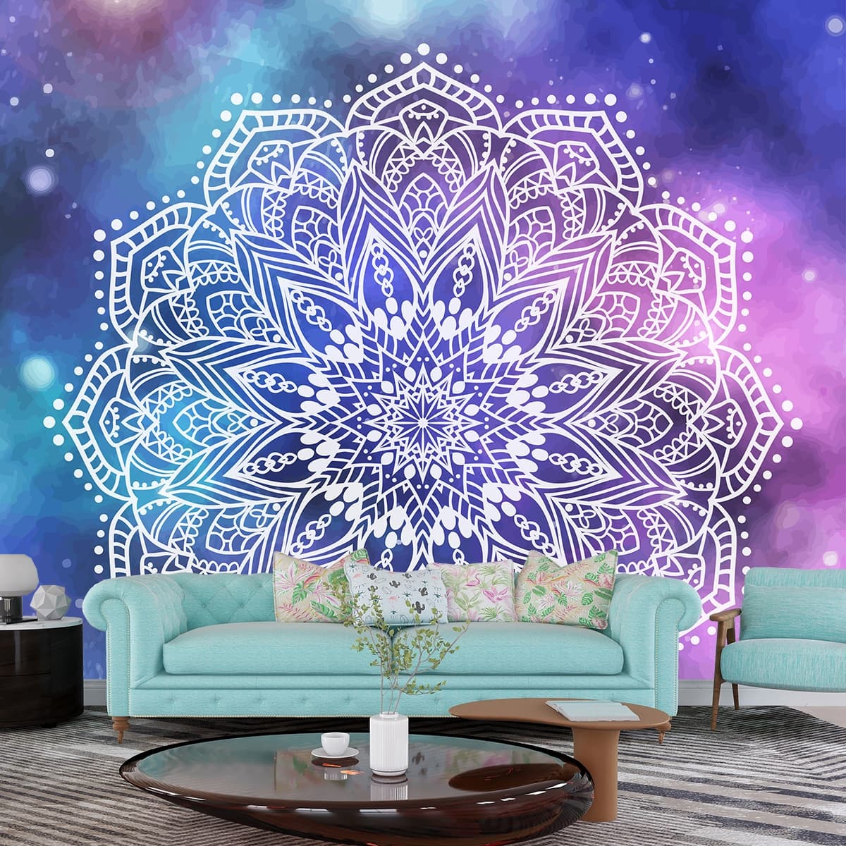 Blue and White Mandal Wallpaper for Walls shown in a room