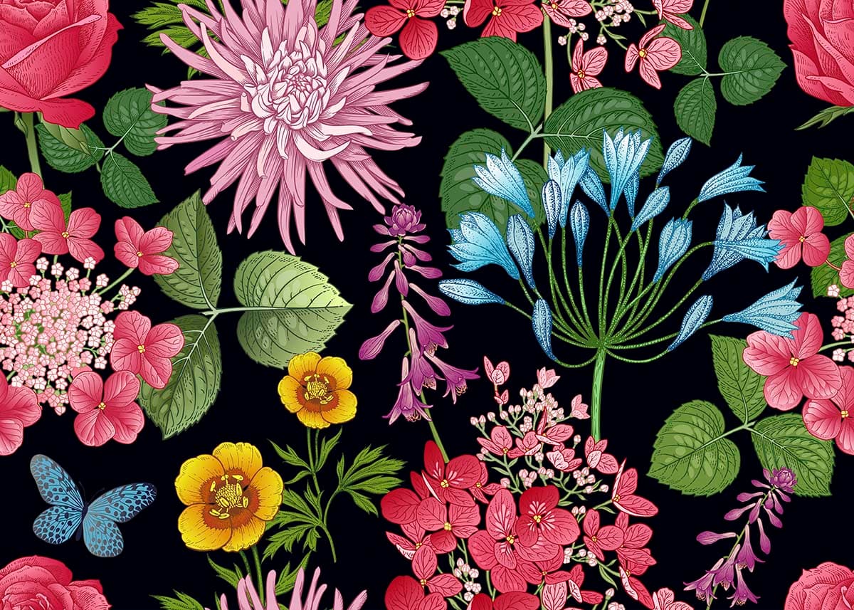 Vibrant Colorful Flowers on Black Background Floral Wallpaper pattern detail