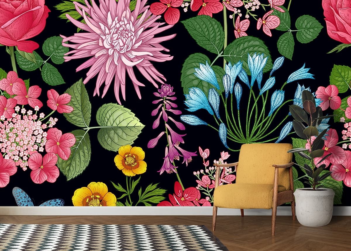Vibrant Colorful Flowers on Black Background Floral Wallpaper shown in a room