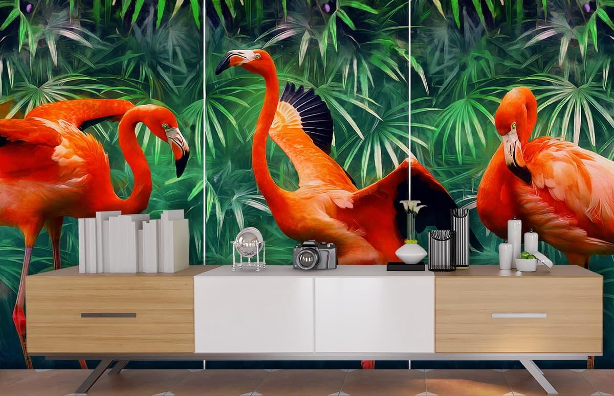 Red Flamingo Wallpaper for Walls shown in a room