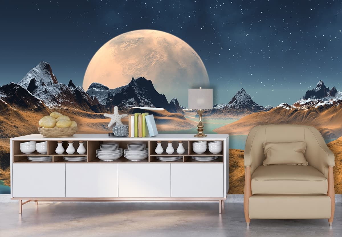 3D moon landscape wallpaper for walls shown in a room