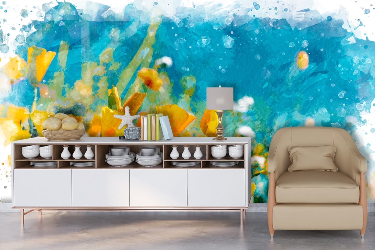 Beautiful Yellow Flower Meadow Nature Wallpaper shown in a room
