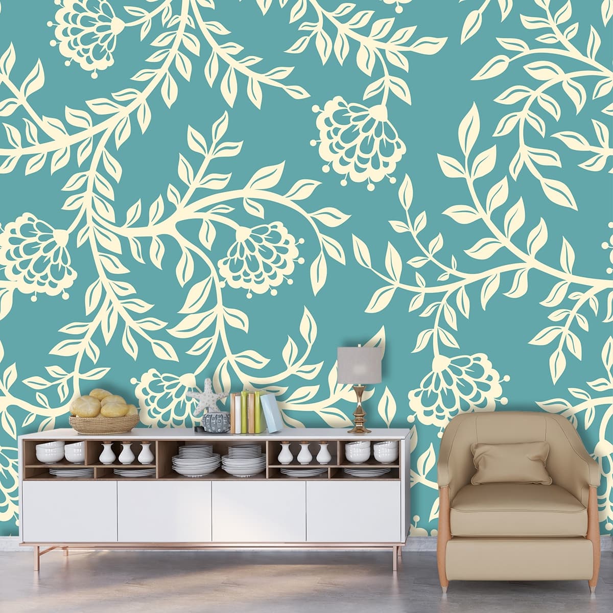 Bedroom Wallpaper of Pattern of Flowers and Leaves shown in a room