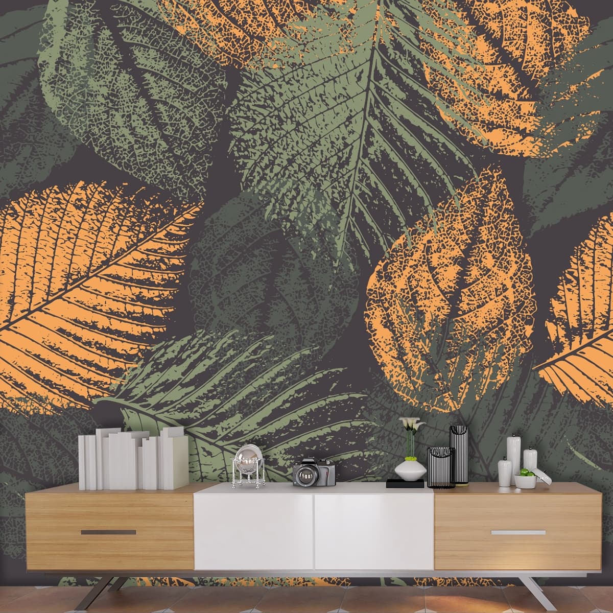 A group of leaves on a gray background shown in a room