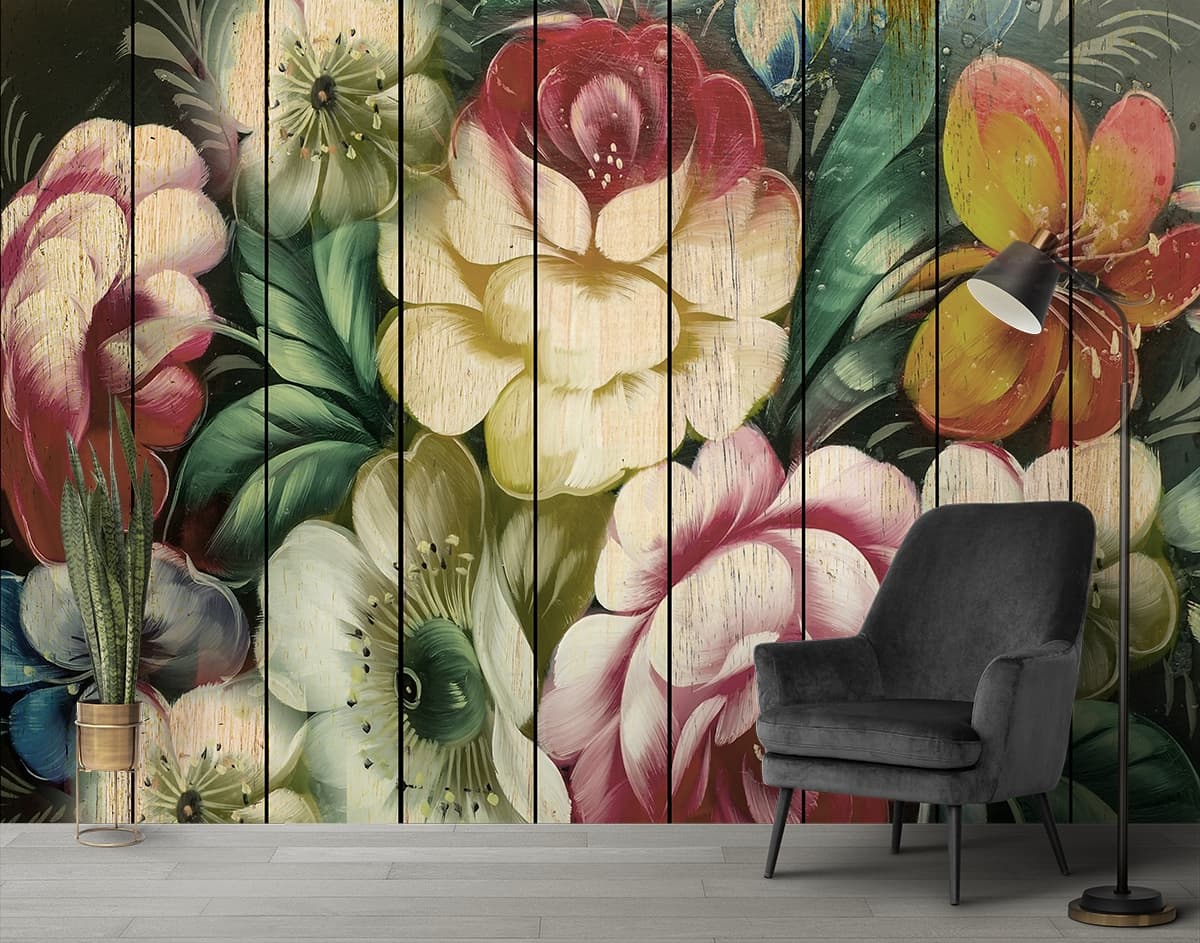 Elegant Painted Floral Pattern with Texture Wallpaper shown in a room