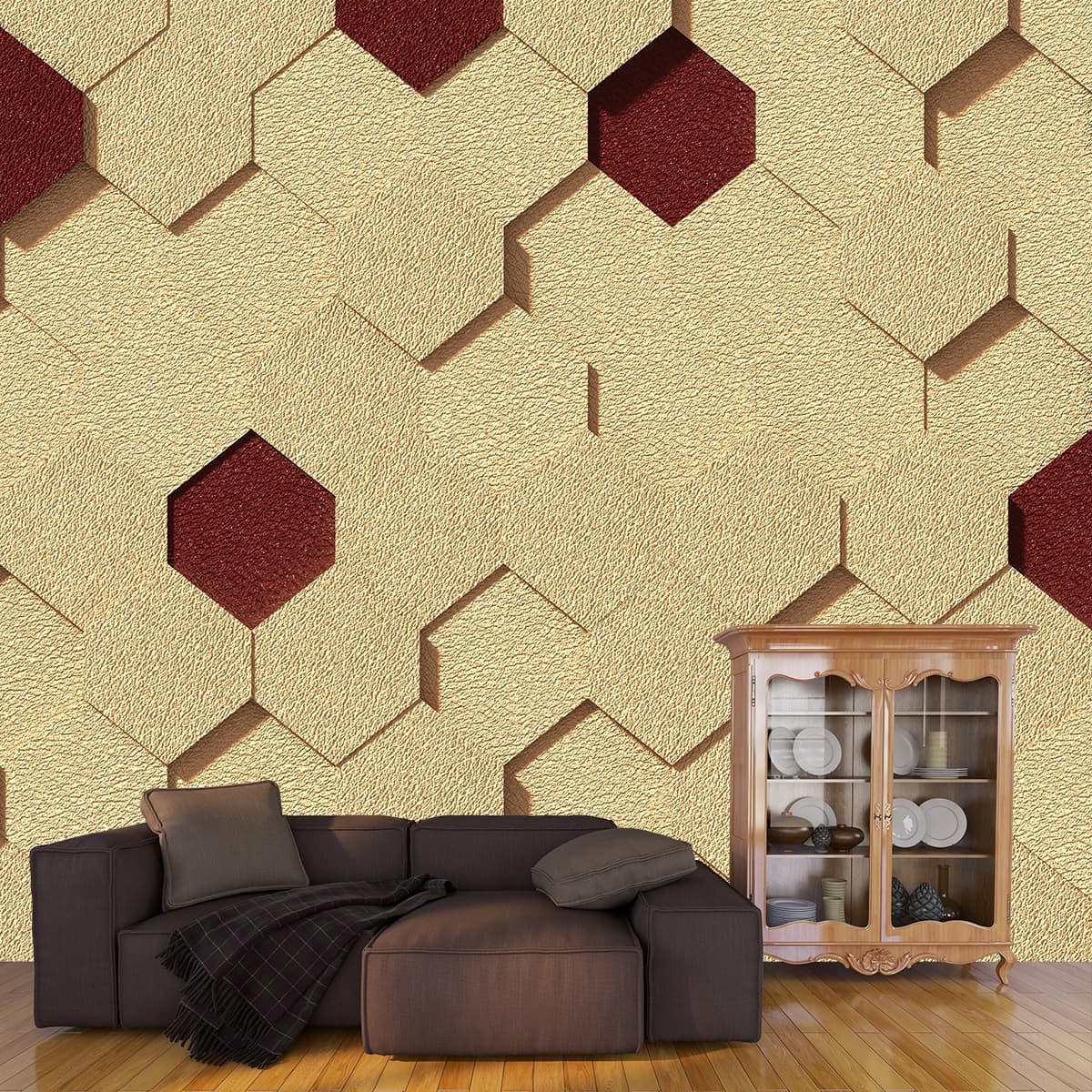 Beige and Maroon 3d Wall Mural with Hexagon shown in a room