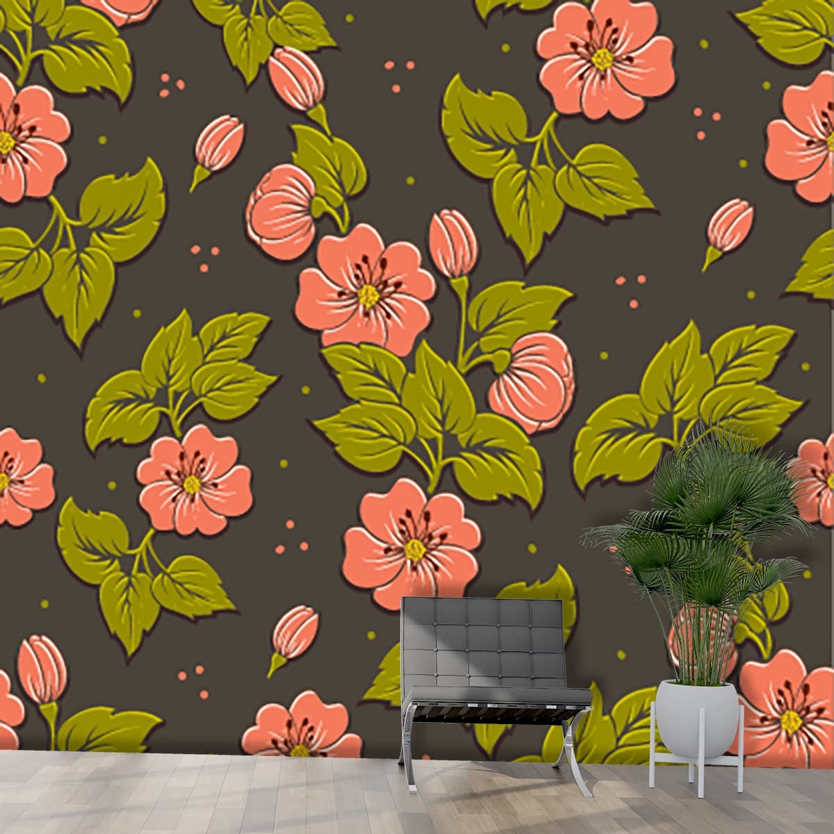 An Ethereal Bloom Ballet Floral Wallpaper shown in a room