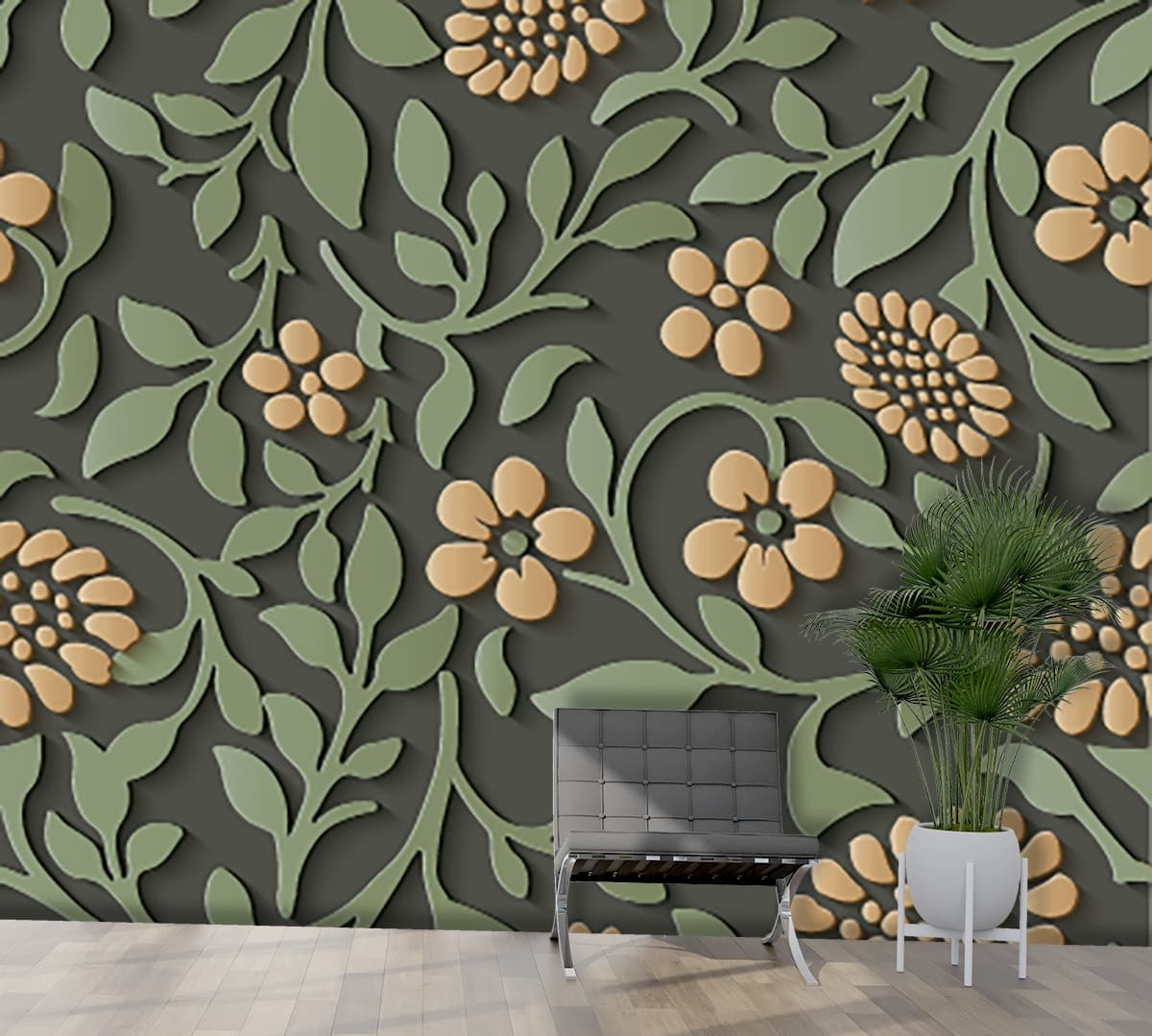 An Abstract Wallpaper Pattern of Flowers and Greenery shown in a room
