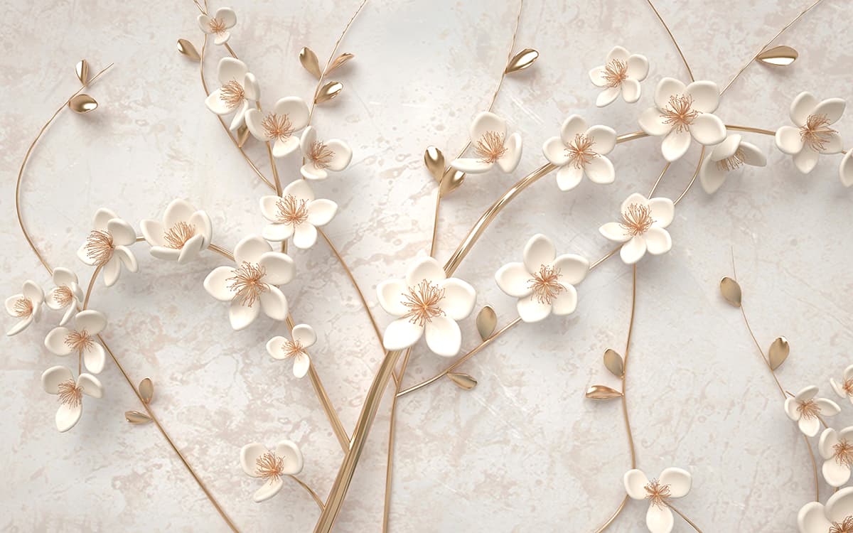 Sophisticated White Floral Gold Branch Wallpaper pattern detail