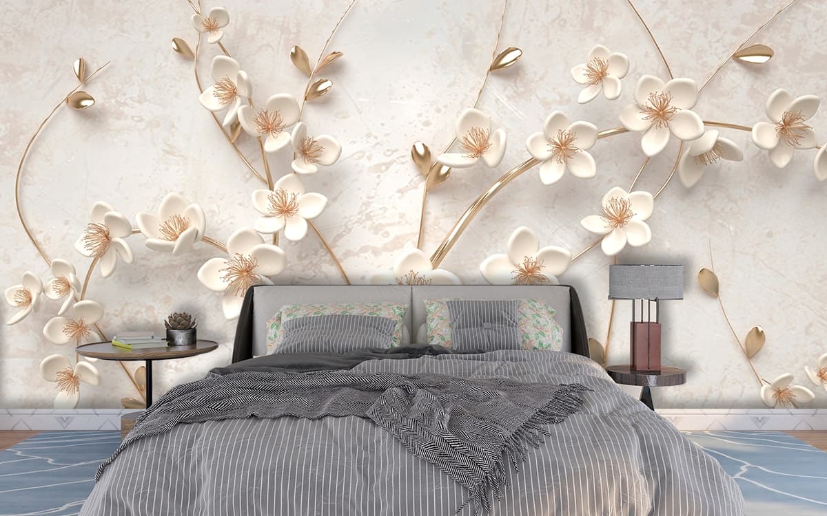 Sophisticated White Floral Gold Branch Wallpaper shown in a room