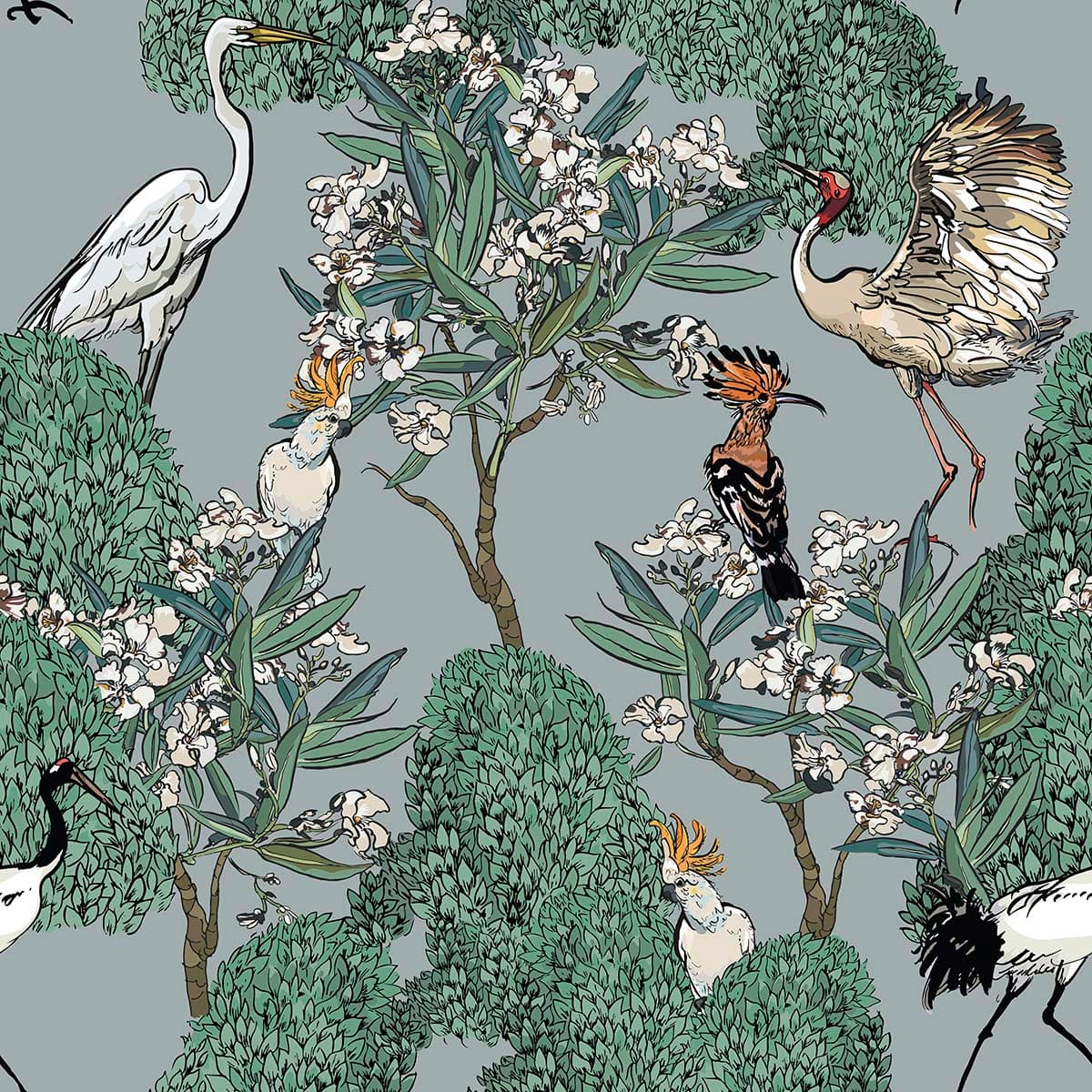 Elegant Birds and Trees Nature Wallpaper pattern detail