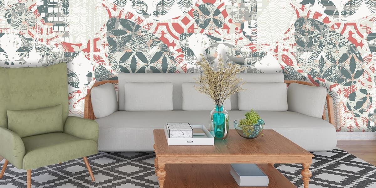 A colorful pattern with different shapes shown in a room