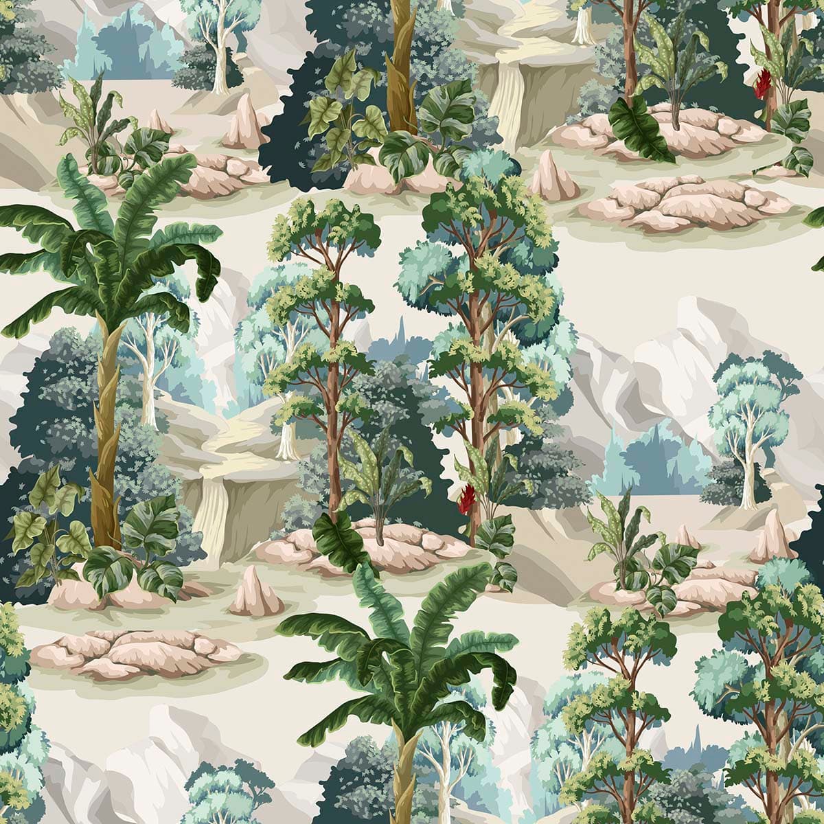 Artistic Tree and Rock Pattern Landscape Wallpaper pattern detail