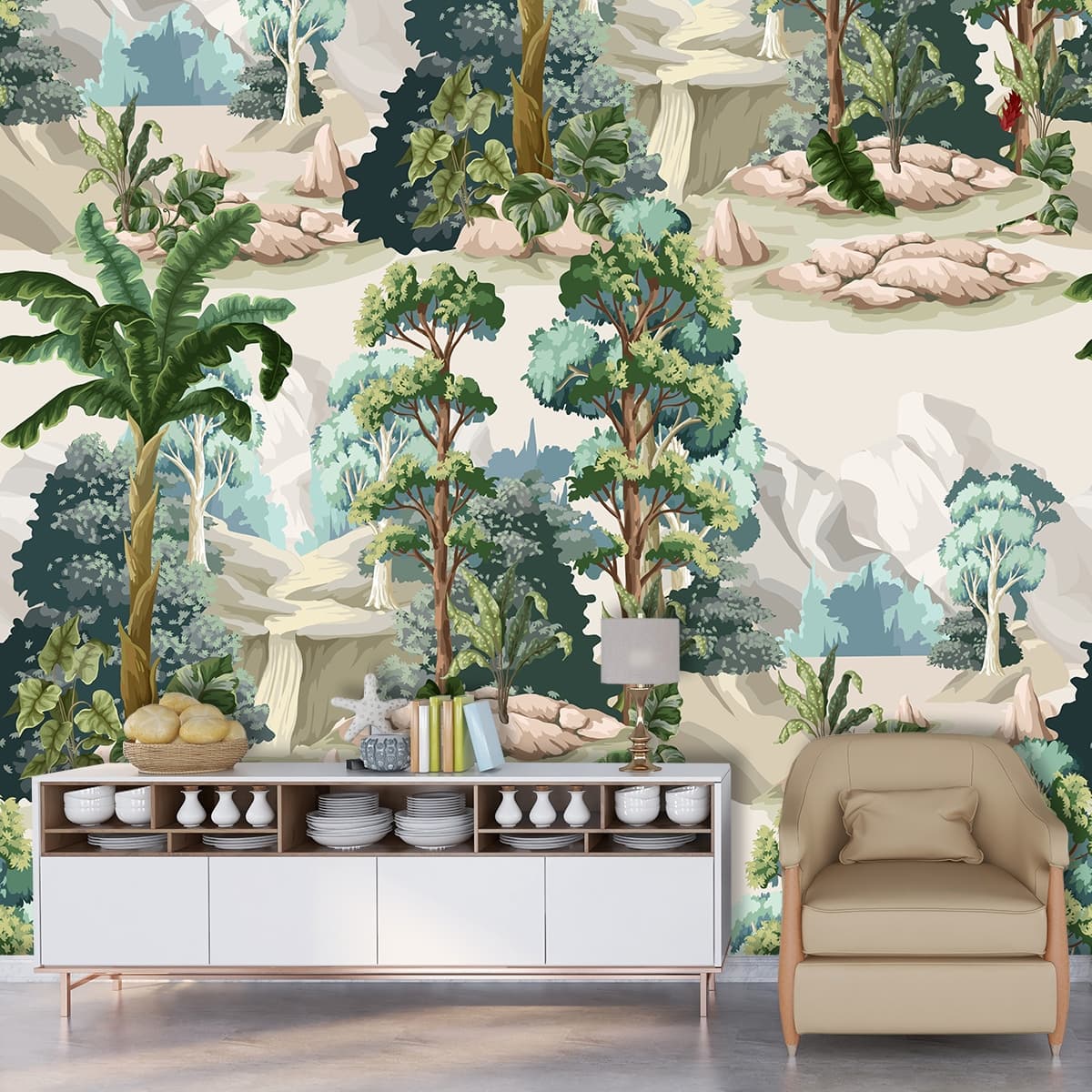 Artistic Tree and Rock Pattern Landscape Wallpaper shown in a room