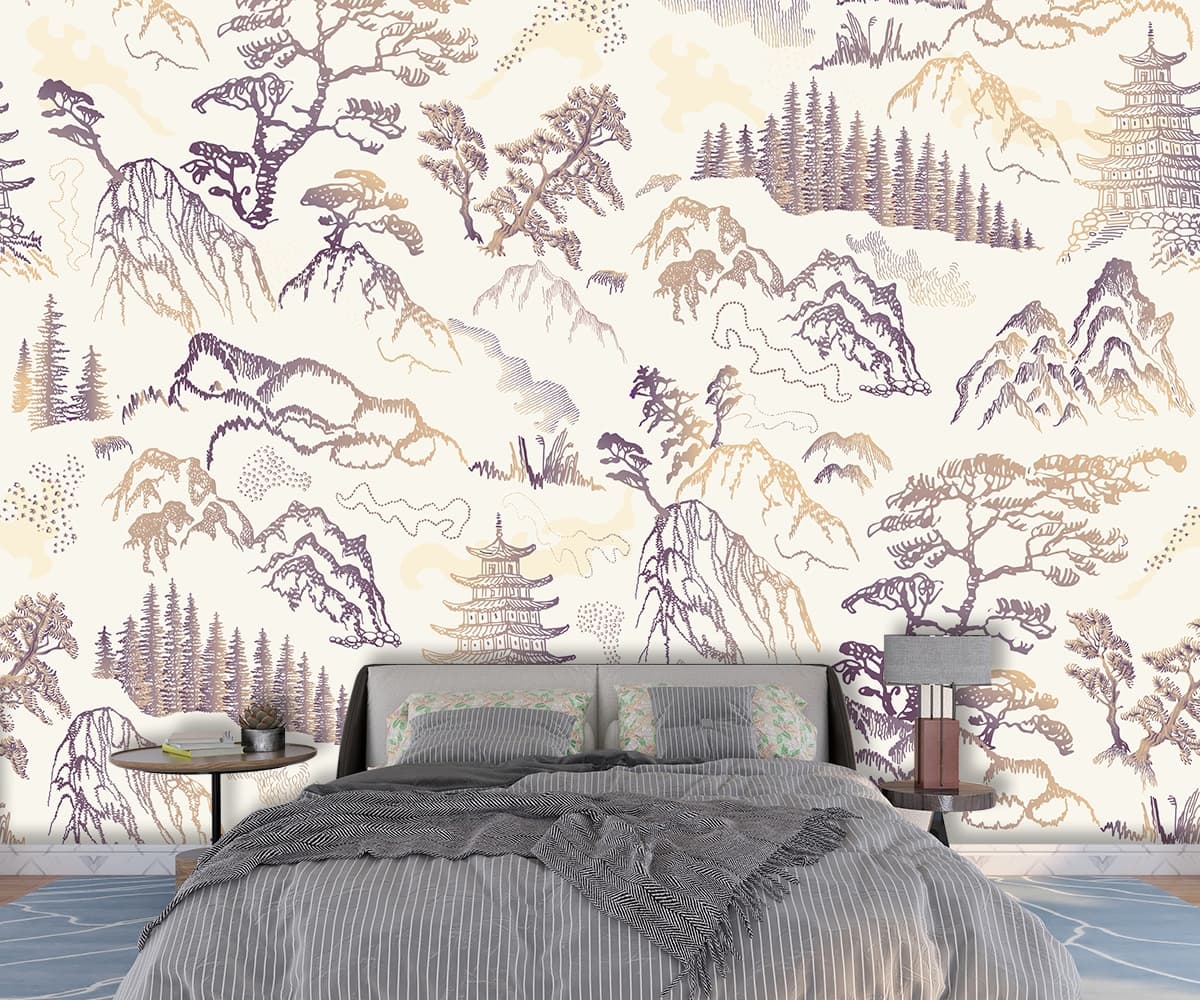 Mountains and Trees Scenic Pattern Wallpaper shown in a room