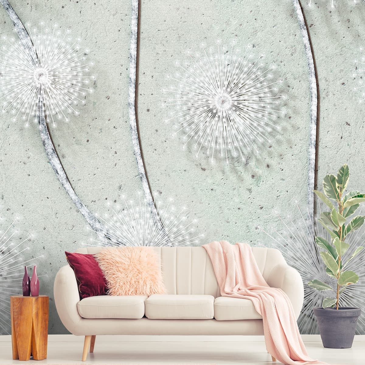 A white flower design on a white surface shown in a room