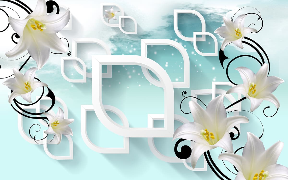 A white flowers and black swirls on a blue background pattern detail
