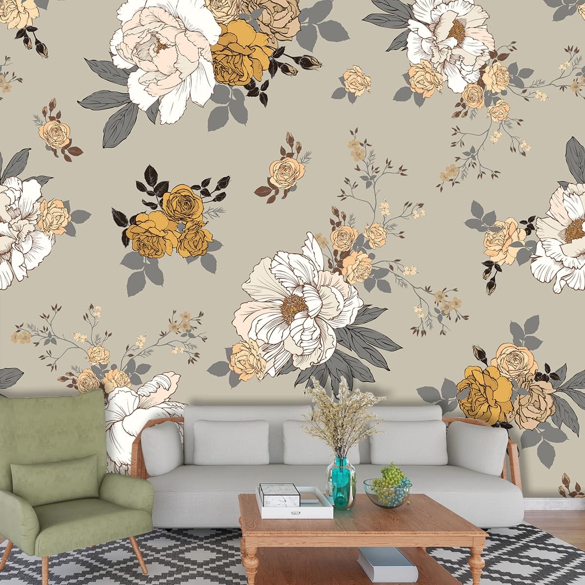 A Blossoming Heaven White and Golden Flowers Wallpaper shown in a room