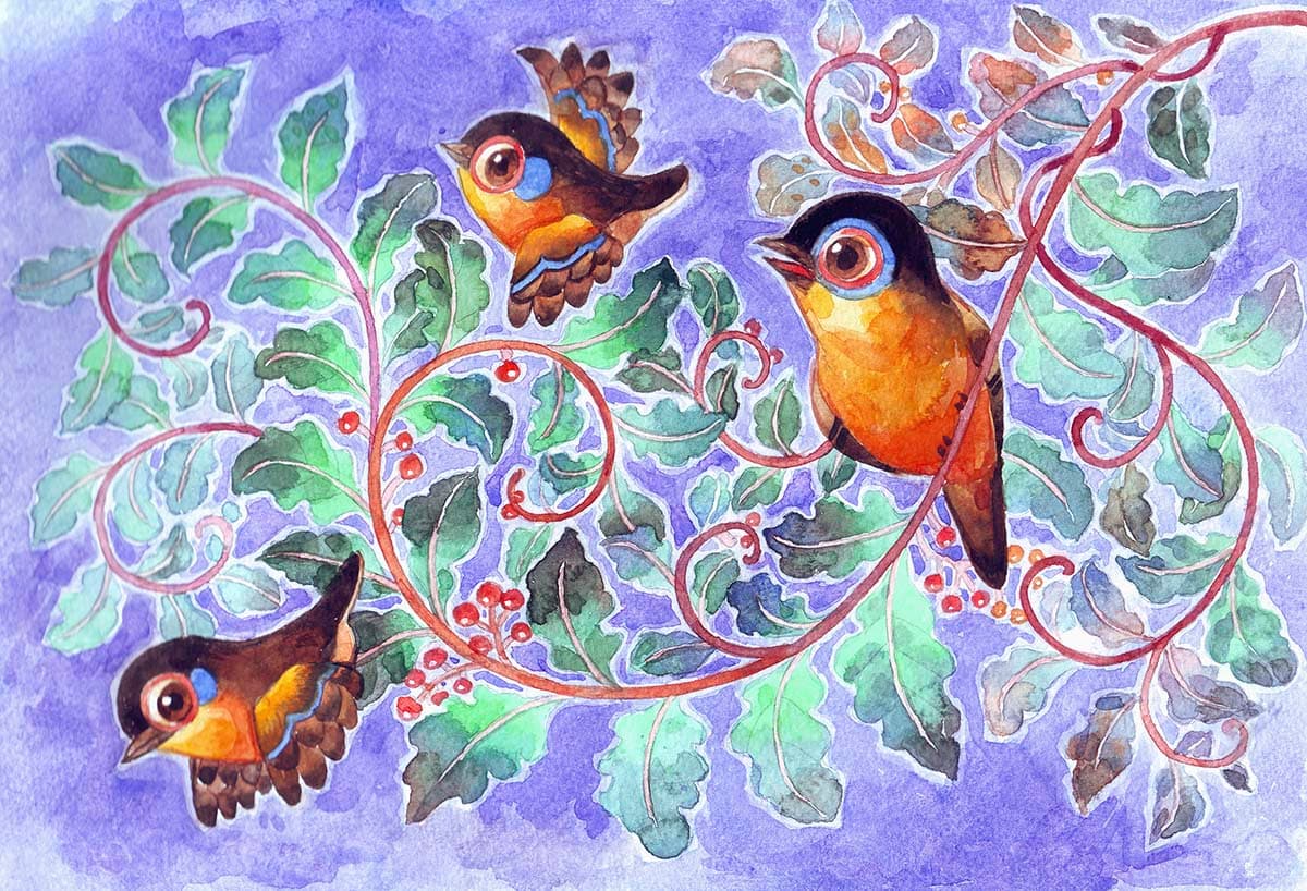 Watercolor Birds on a Vine Wallpaper pattern detail