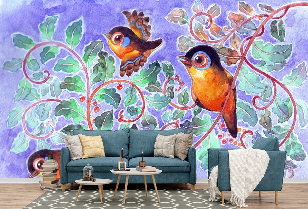 Watercolor Birds on a Vine Wallpaper shown in a room
