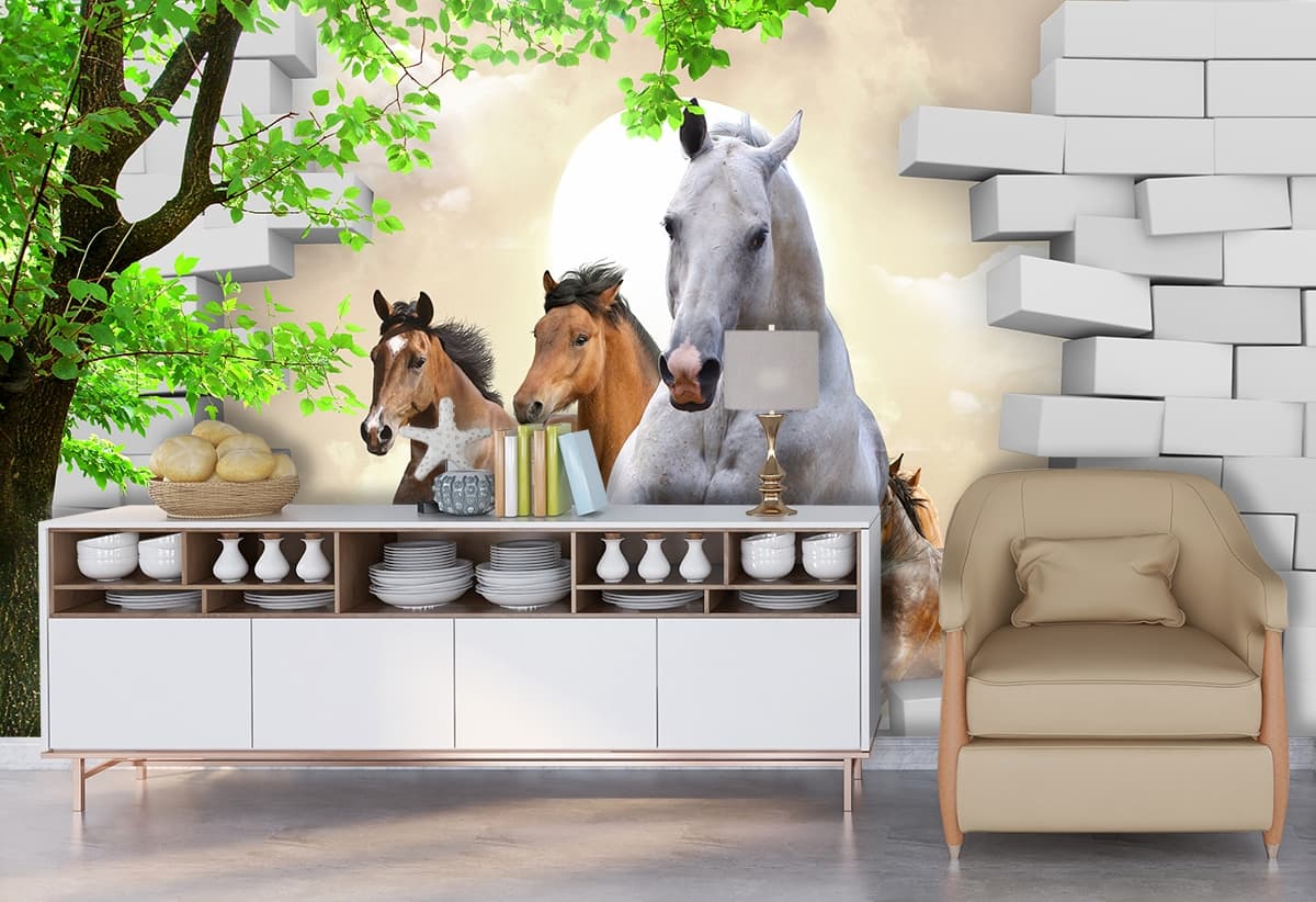 3D Horse Escape Wall Mural shown in a room