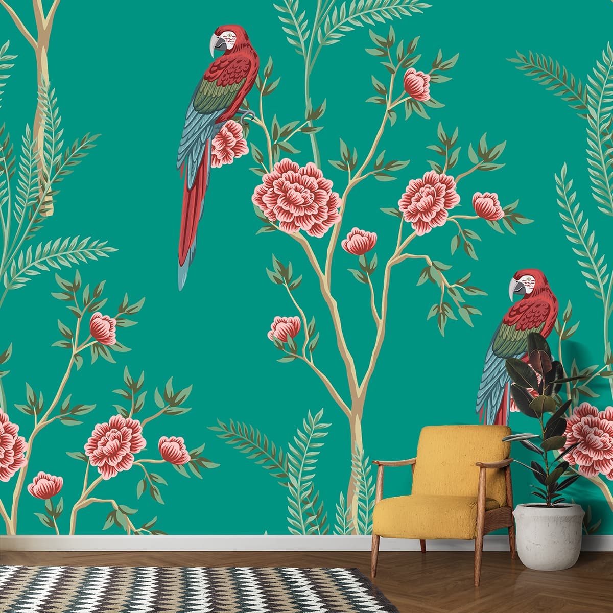 Aesthetic Bird and Flower Pattern Wall Mural Wallpaper shown in a room