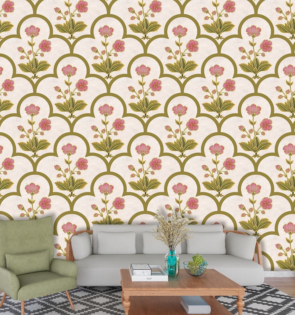 A Seamless Wallpaper Pattern for Wall of Flowers and Leaves shown in a room