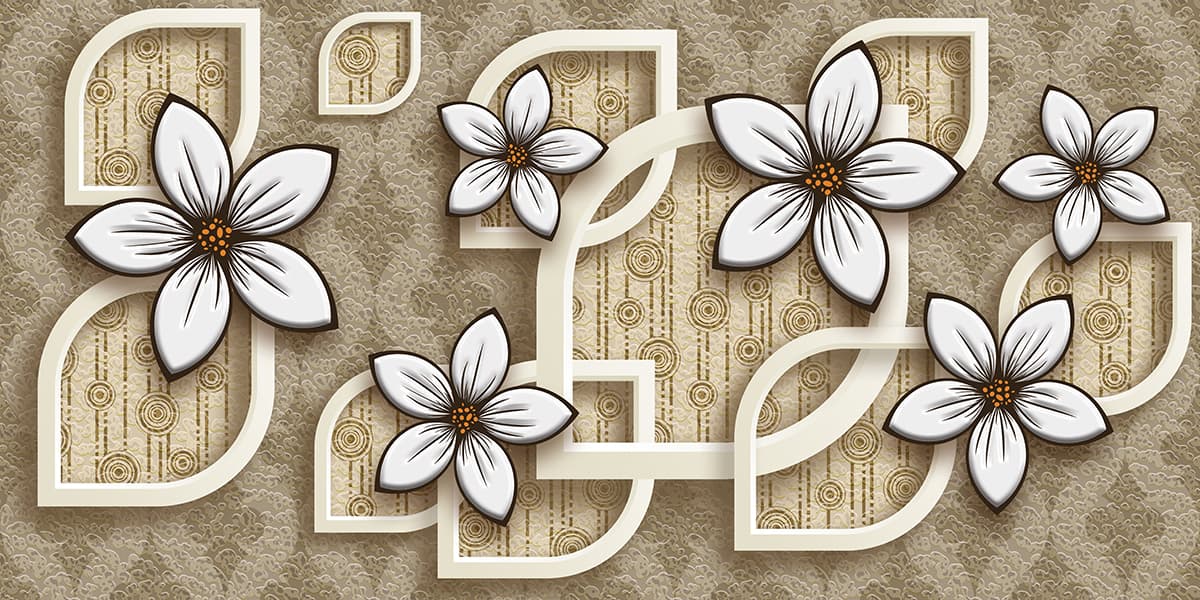 A wallpaper with white flowers and curved shapes pattern detail