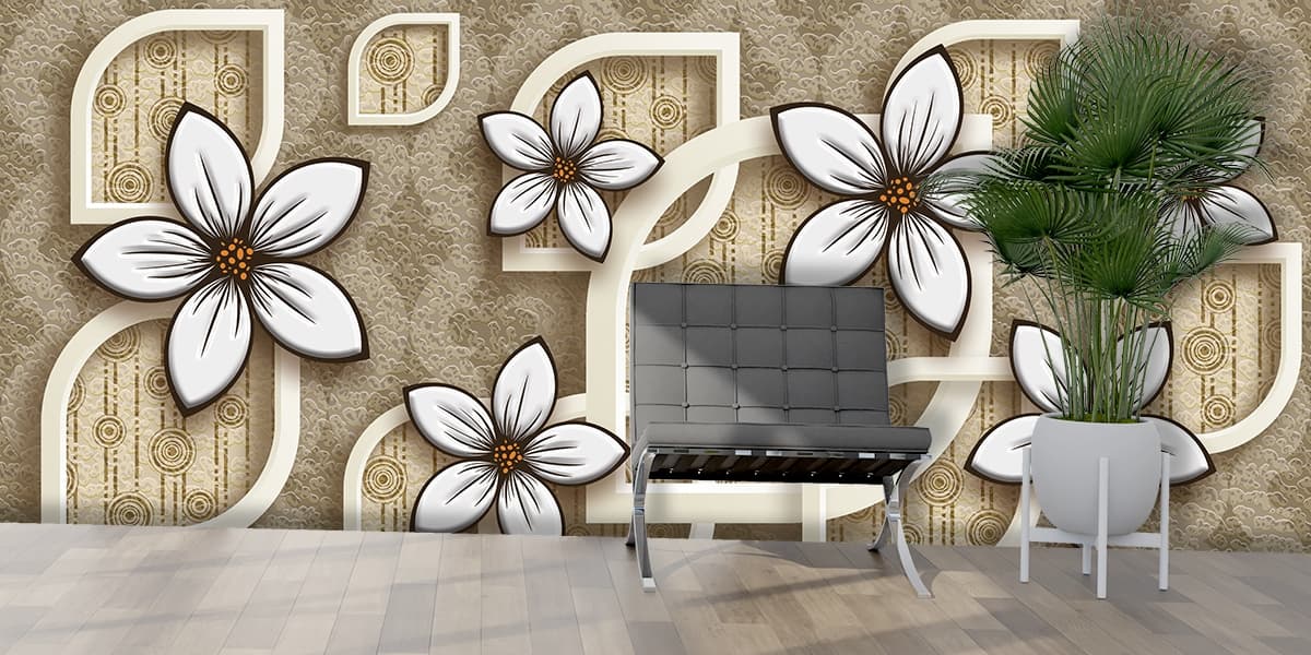 A wallpaper with white flowers and curved shapes shown in a room